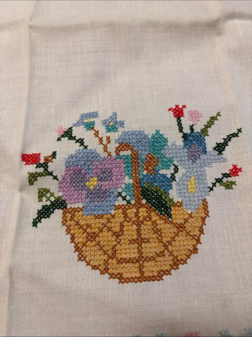 Vintage Linen Towels - Cross Stitch Flower Basket- Set/2 - Pink & Blue